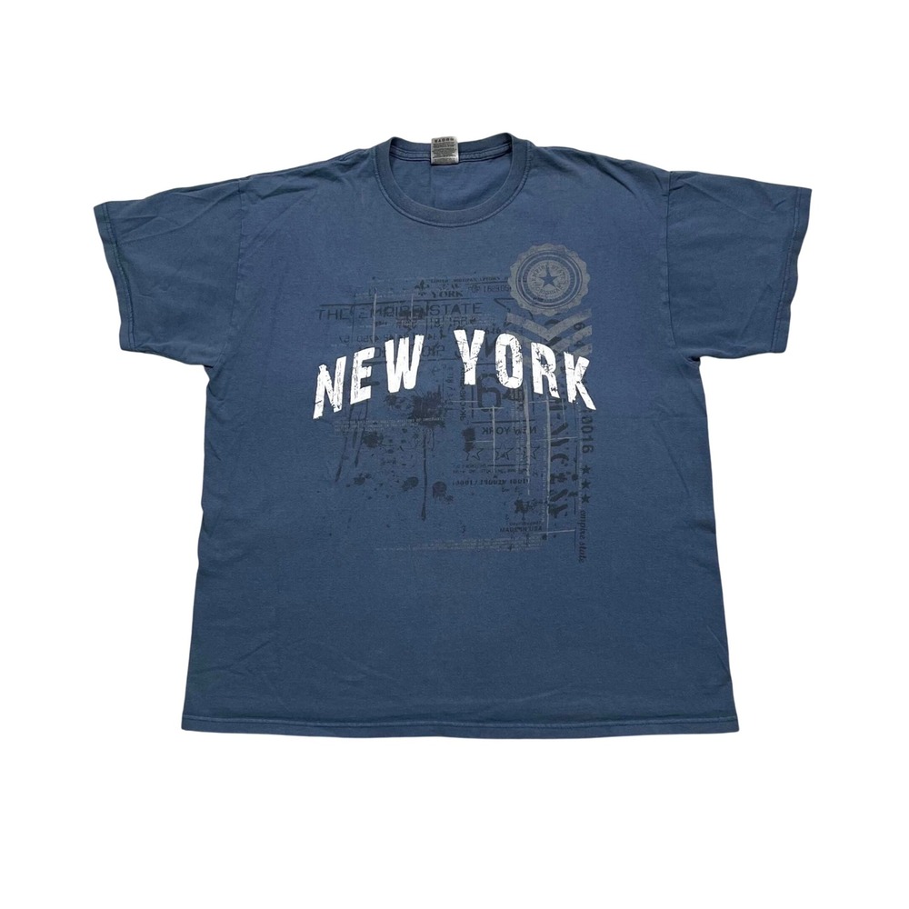 New York T-Shirt Mens XL‎ Graphic Grunge T Shirt Blue Y2K Heavy Cotton